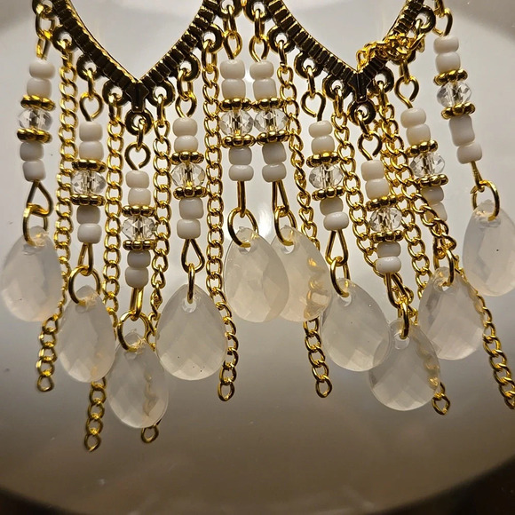 Bohemia White Beaded Waterdrop Dangle Earrings Handmade Beaded Tassel Hollow - Picture 4 of 6